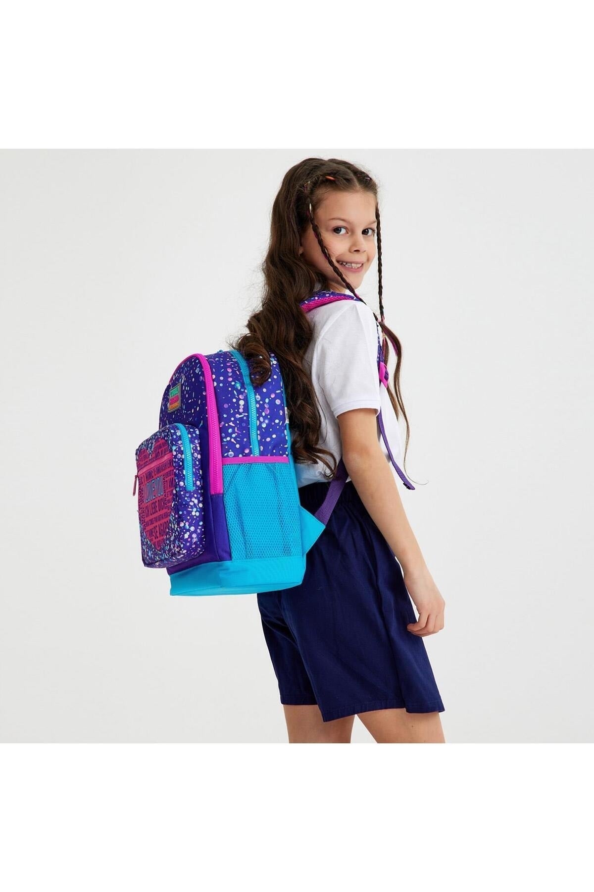 Kids Purple Blue Pink Heart Patterned 3-Pack School Bag Set