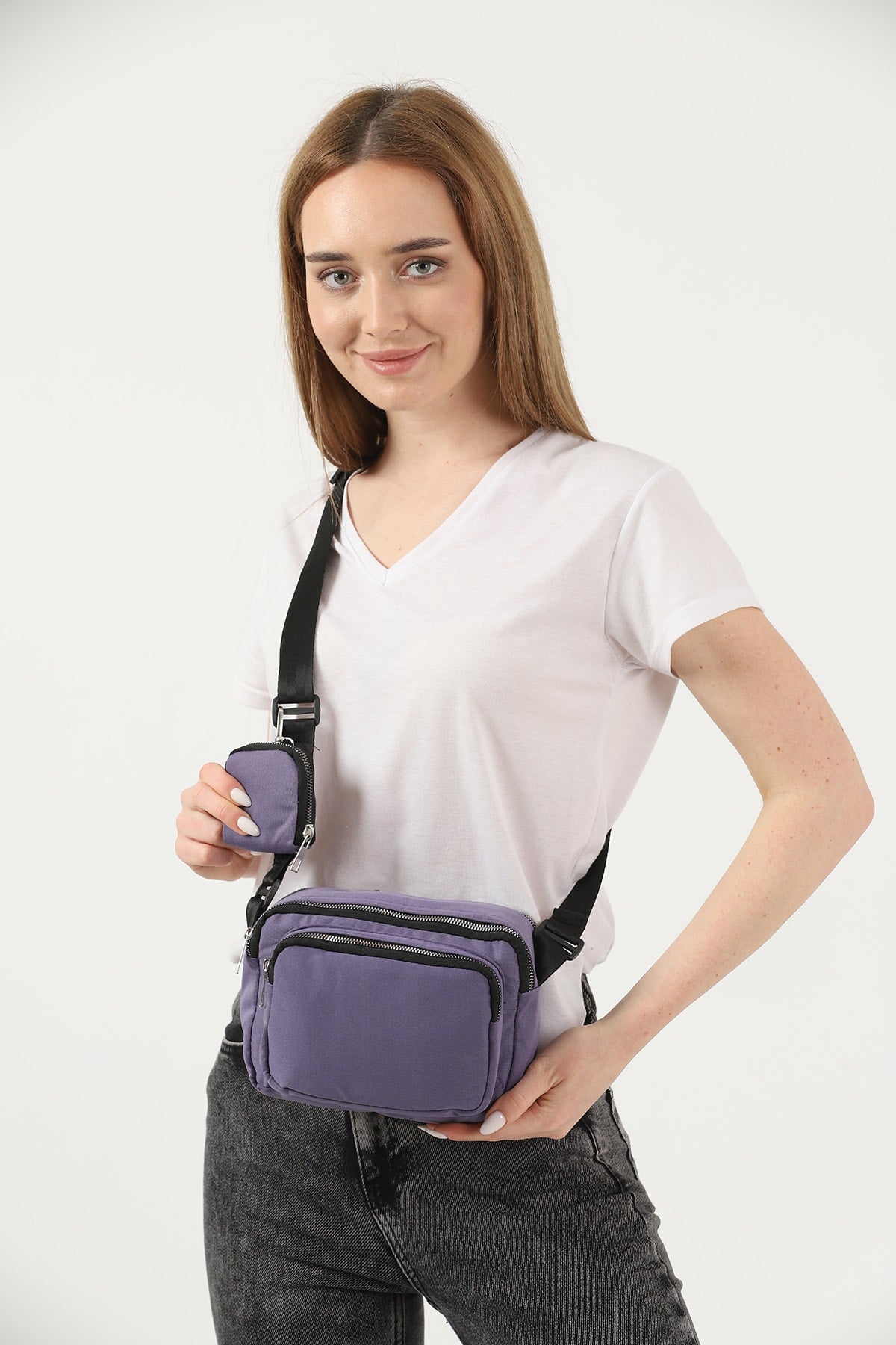 Lilac U4 Canvas Women's Cross Shoulder Bag With 2 Compartments And Wallet With Adjustable Strap B:17 E:22 G:12