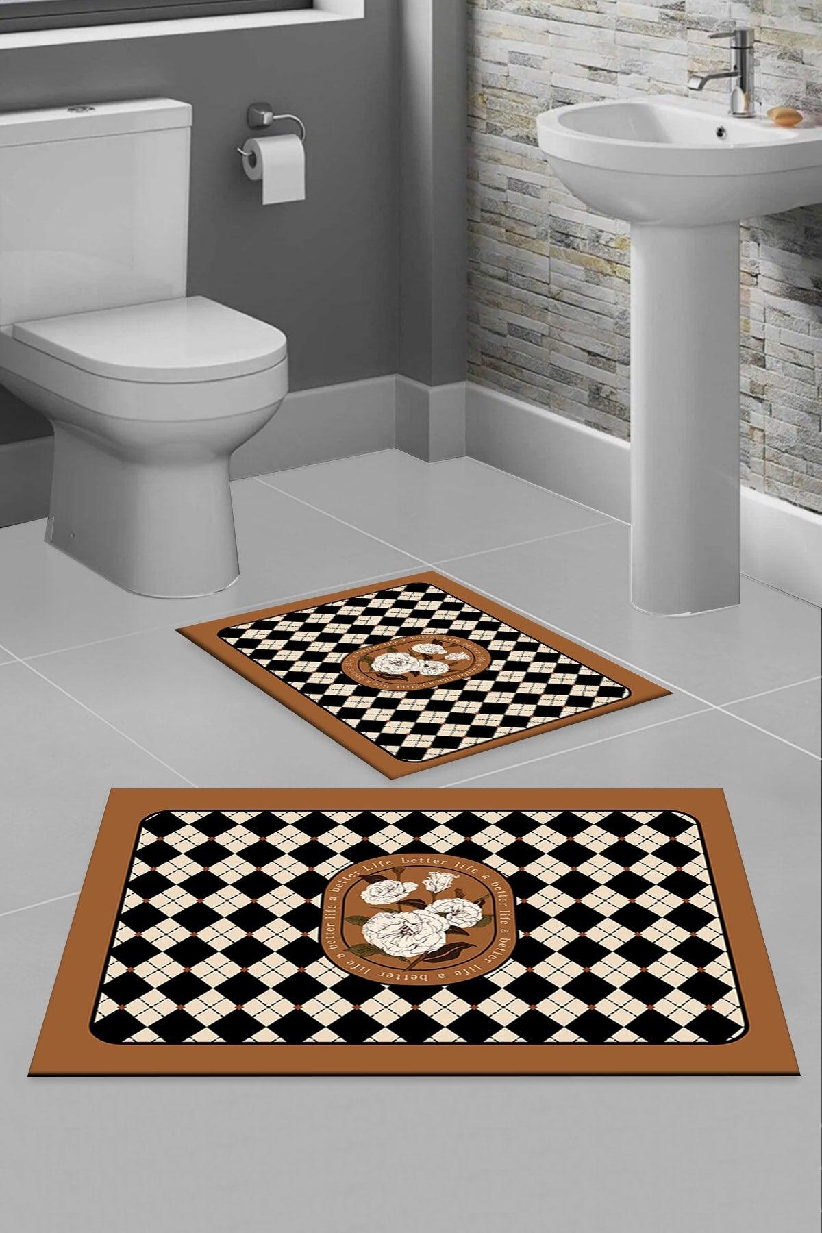 Else Brown Floral Patterned Washable Non-Slip Floor 2 Bathroom Carpet Doormat Closet Set - Swordslife