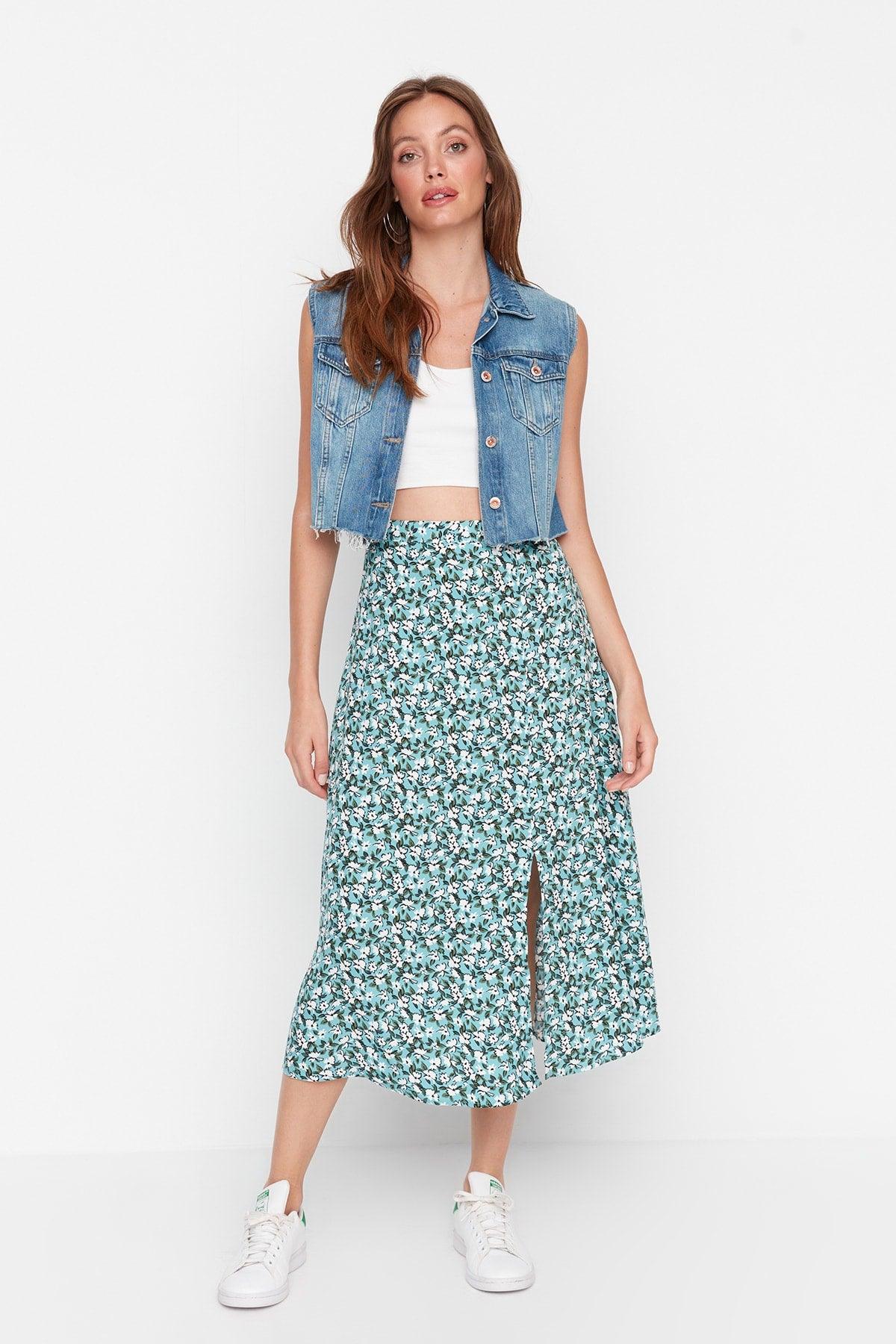 Green Midi Woven Slit Detailed Viscose Fabric Floral Patterned Skirt TWOSS20ET0230 - Swordslife