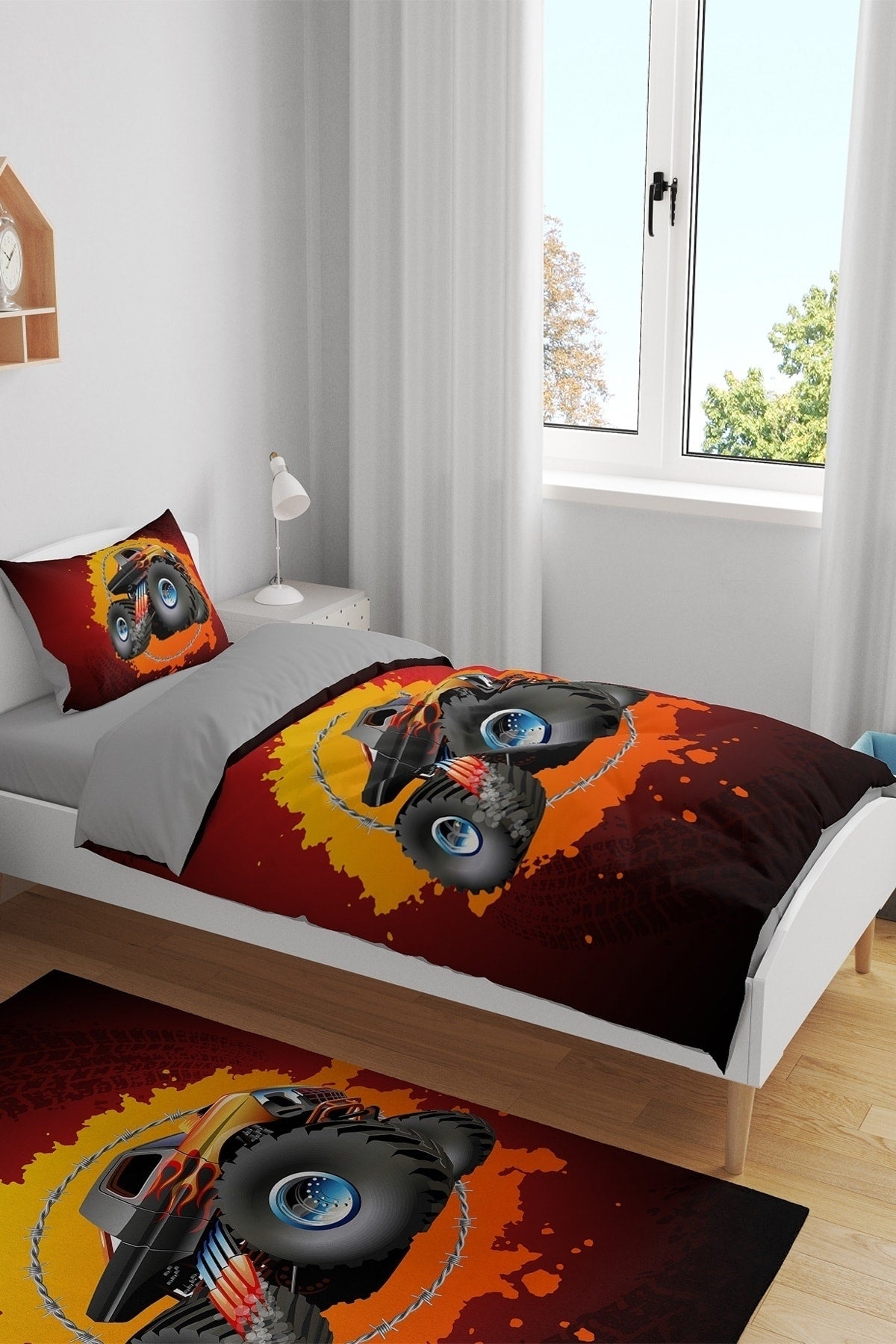 Red Fire Monster Truck Patterned Single Baby Kids Duvet Cover Set