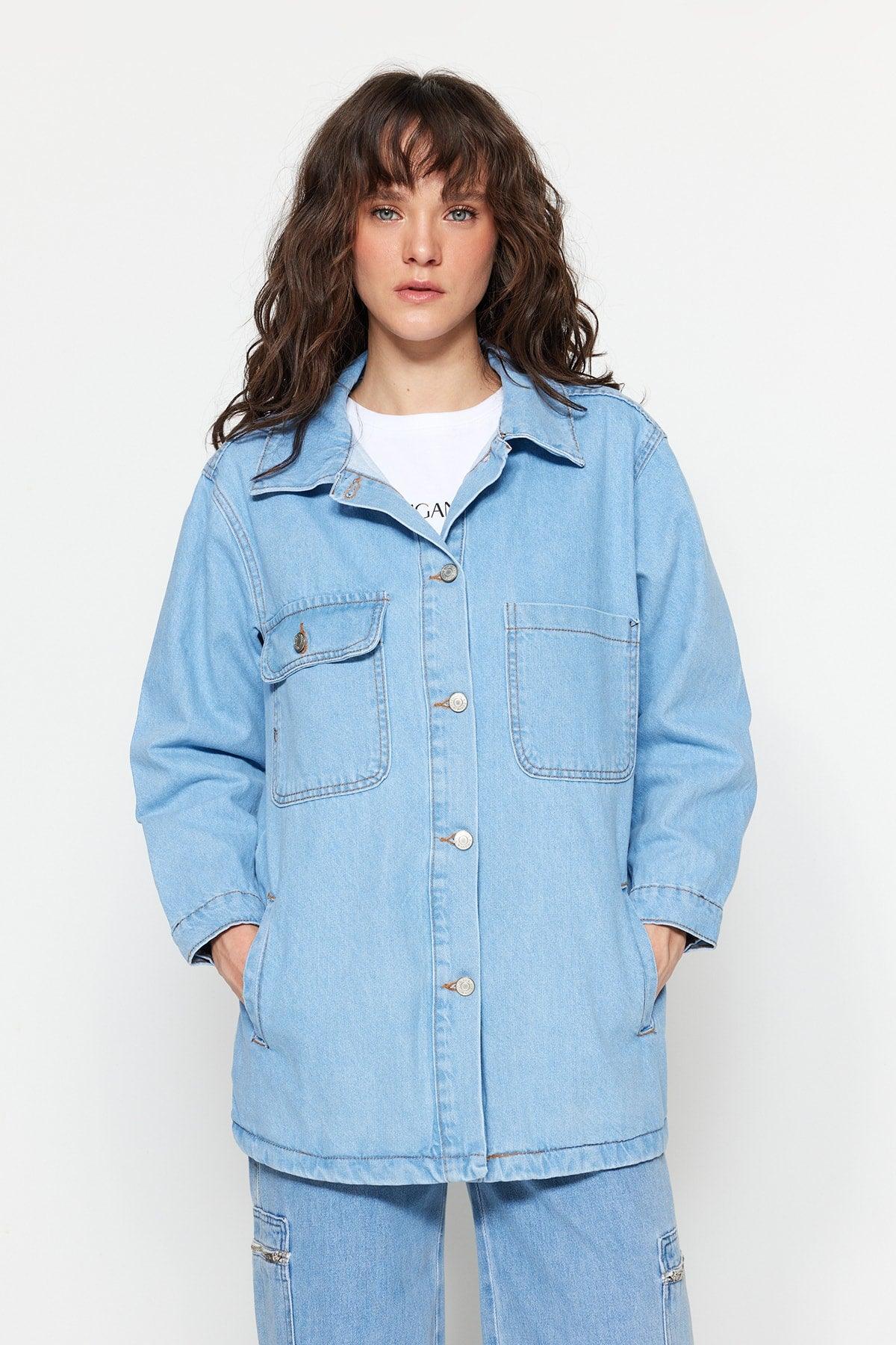 Ice Blue Oversize Denim Lycra Free Denim Jacket TCTSS23CK00001 - Swordslife