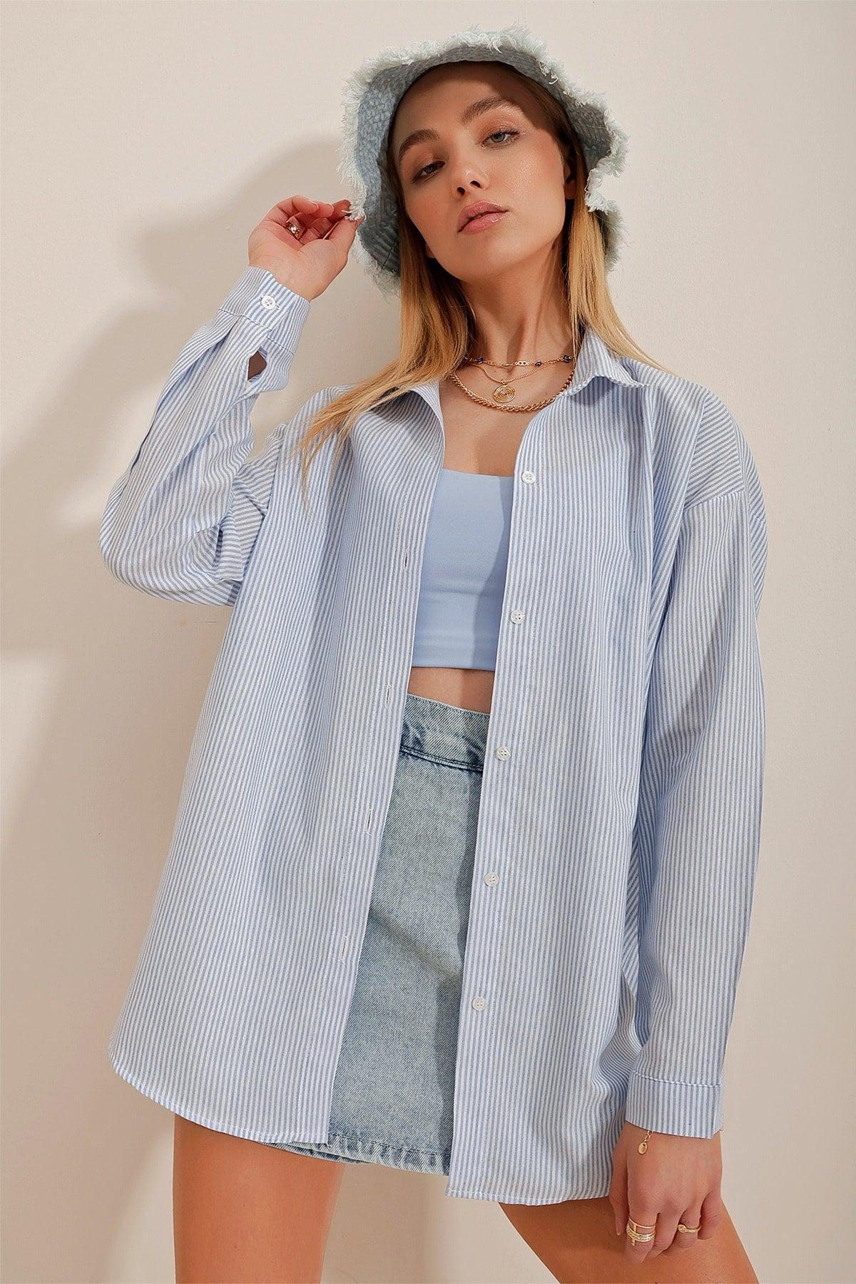 Women's Blue Striped Oversize Shirt ALC-X10232 - Swordslife