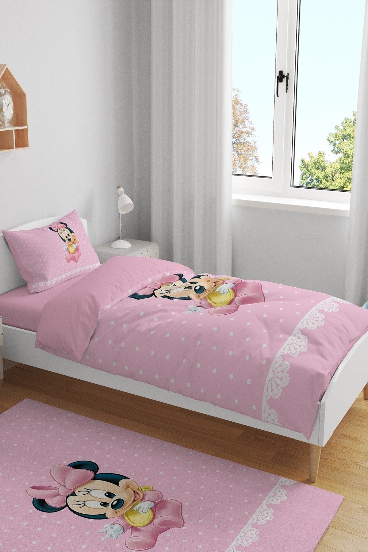 Pink Polka Dot Minnie Patterned Single Baby Kids Duvet Cover Set