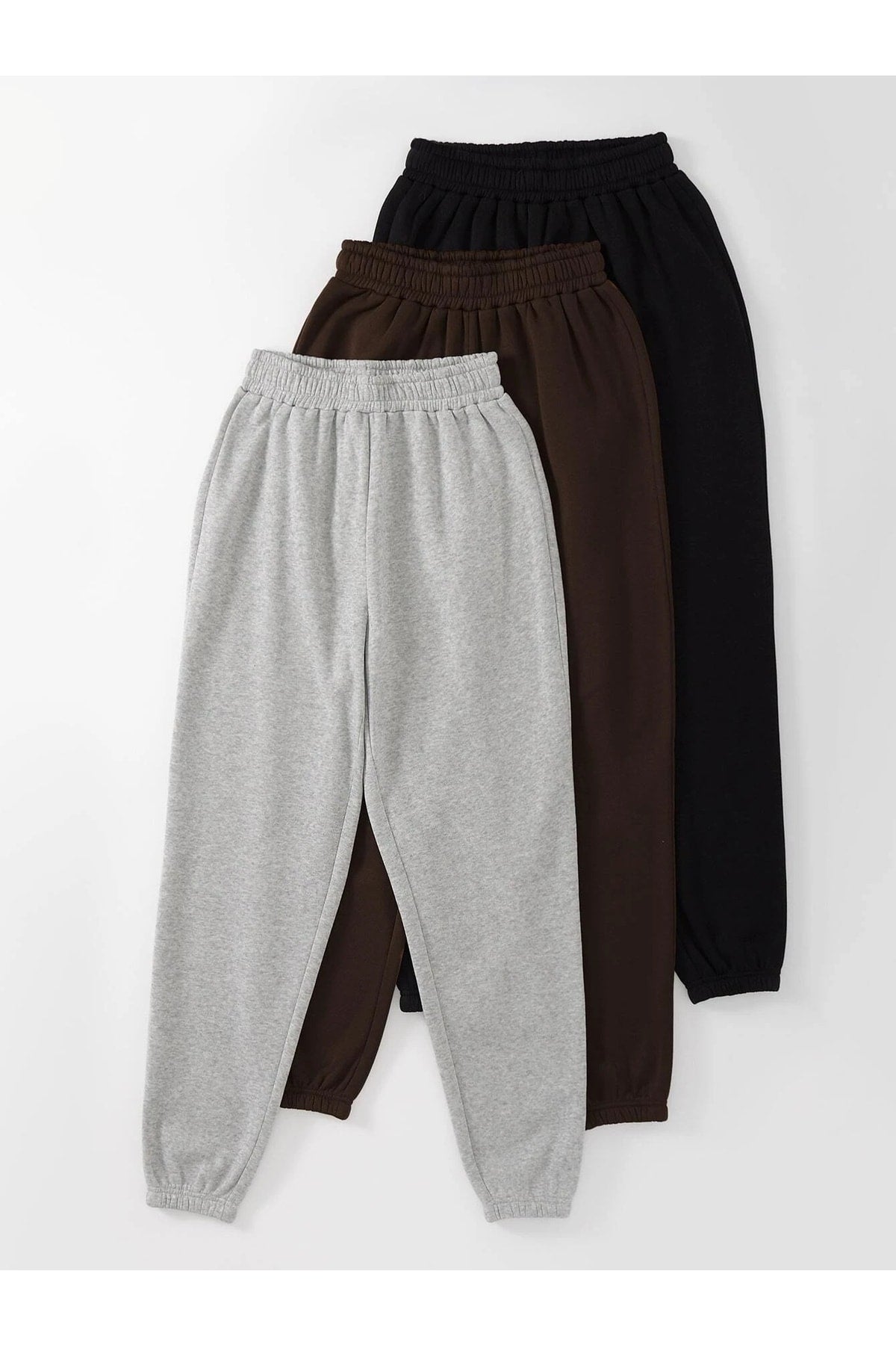 3-pack Jogger Sweatpants - Black, Gray And Brown, Elastic Leg, High Waist, Summer