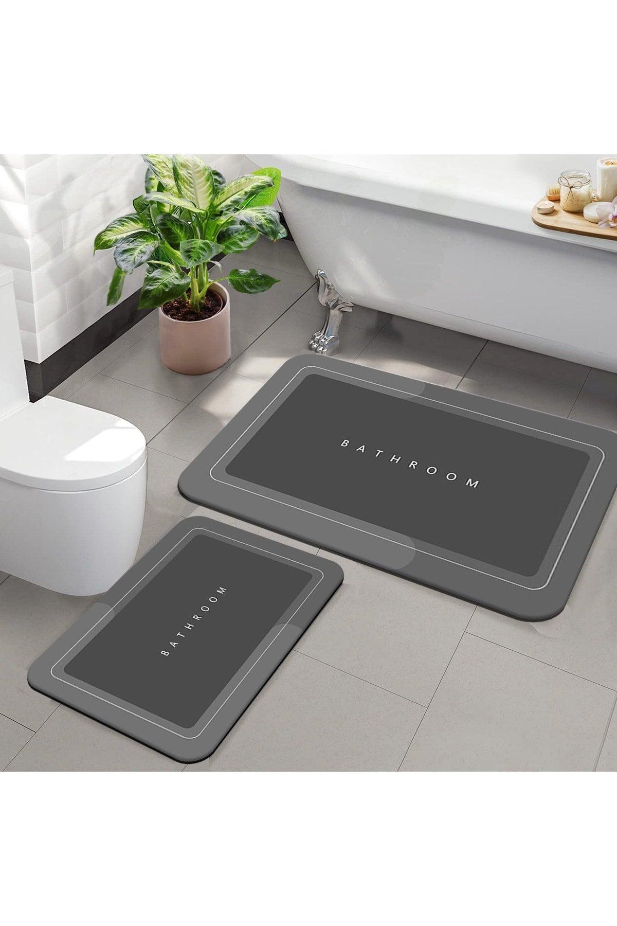 Else Anthracite Bathroom Written Pattern Washable Non-Slip Floor 2 Pcs. Bathroom Carpet Mat Closet Set - Swordslife