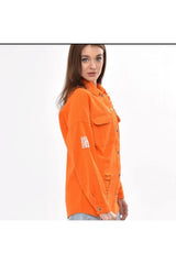 Women's Orange Boyfriend Oversize Worn Denim Jeans Denim Jacket A36-011 - Swordslife