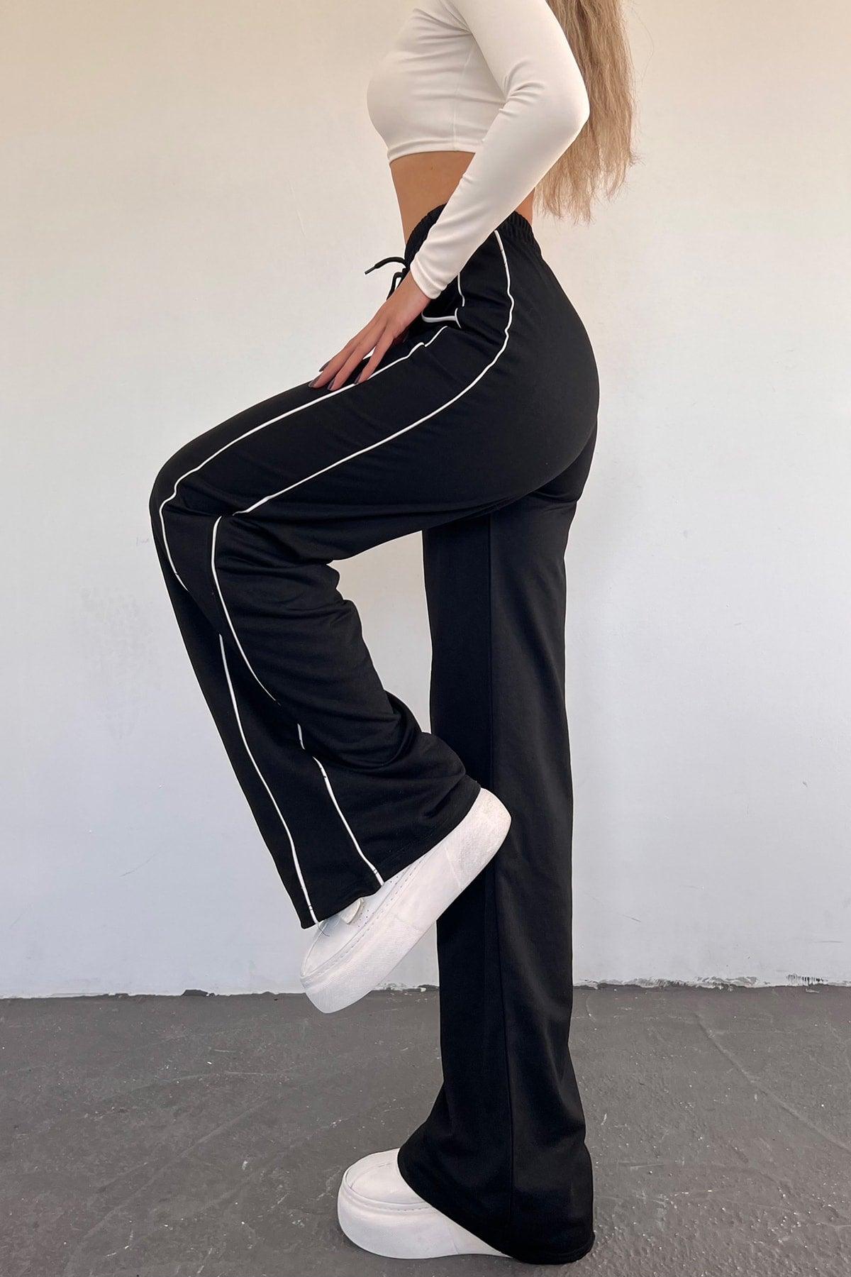 Women's Black Wide Leg Two-Thread Elastic Waist Sweatpants - Swordslife