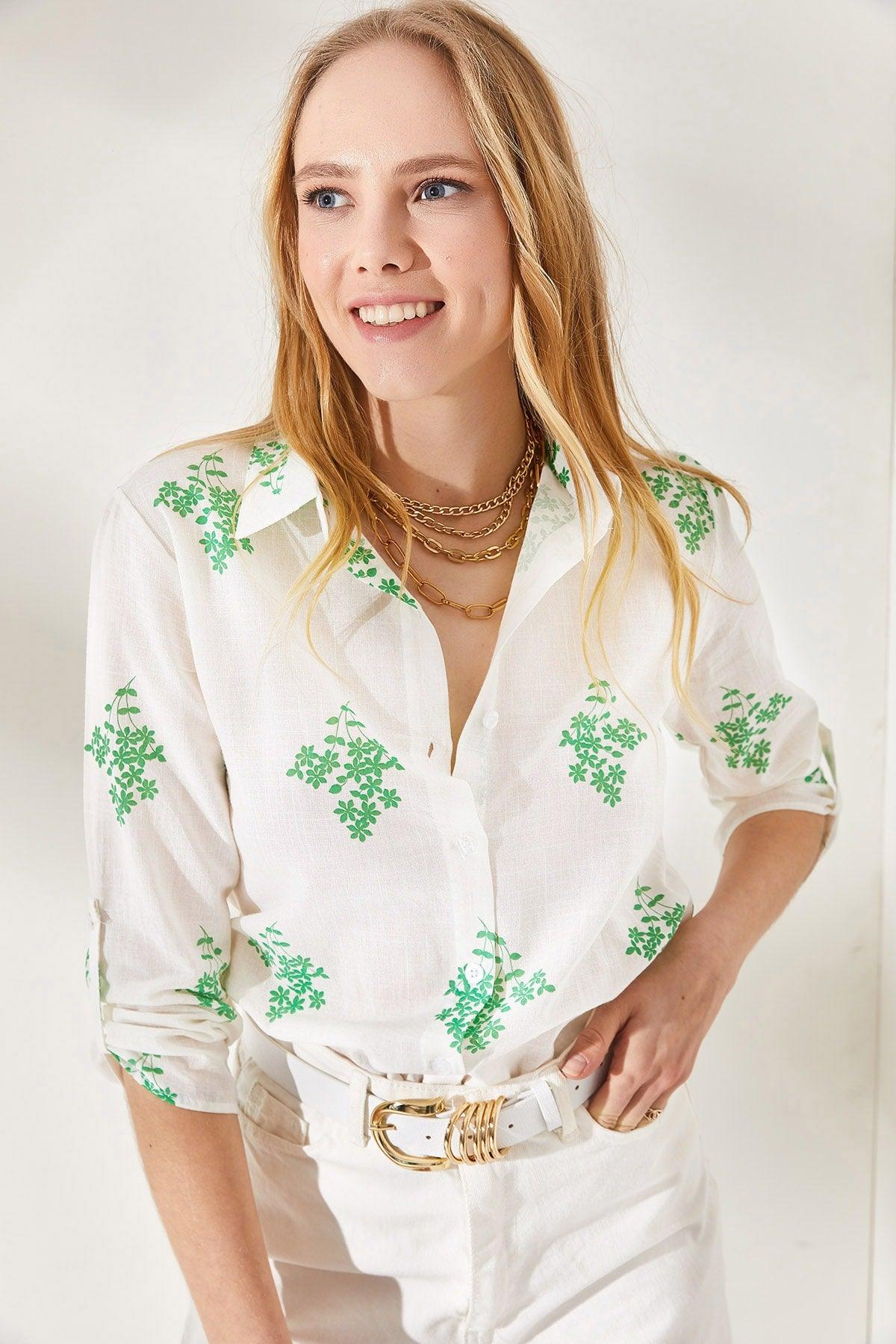 Women's Floral Green Sleeve Fold Linen Shirt GML-19000825 - Swordslife