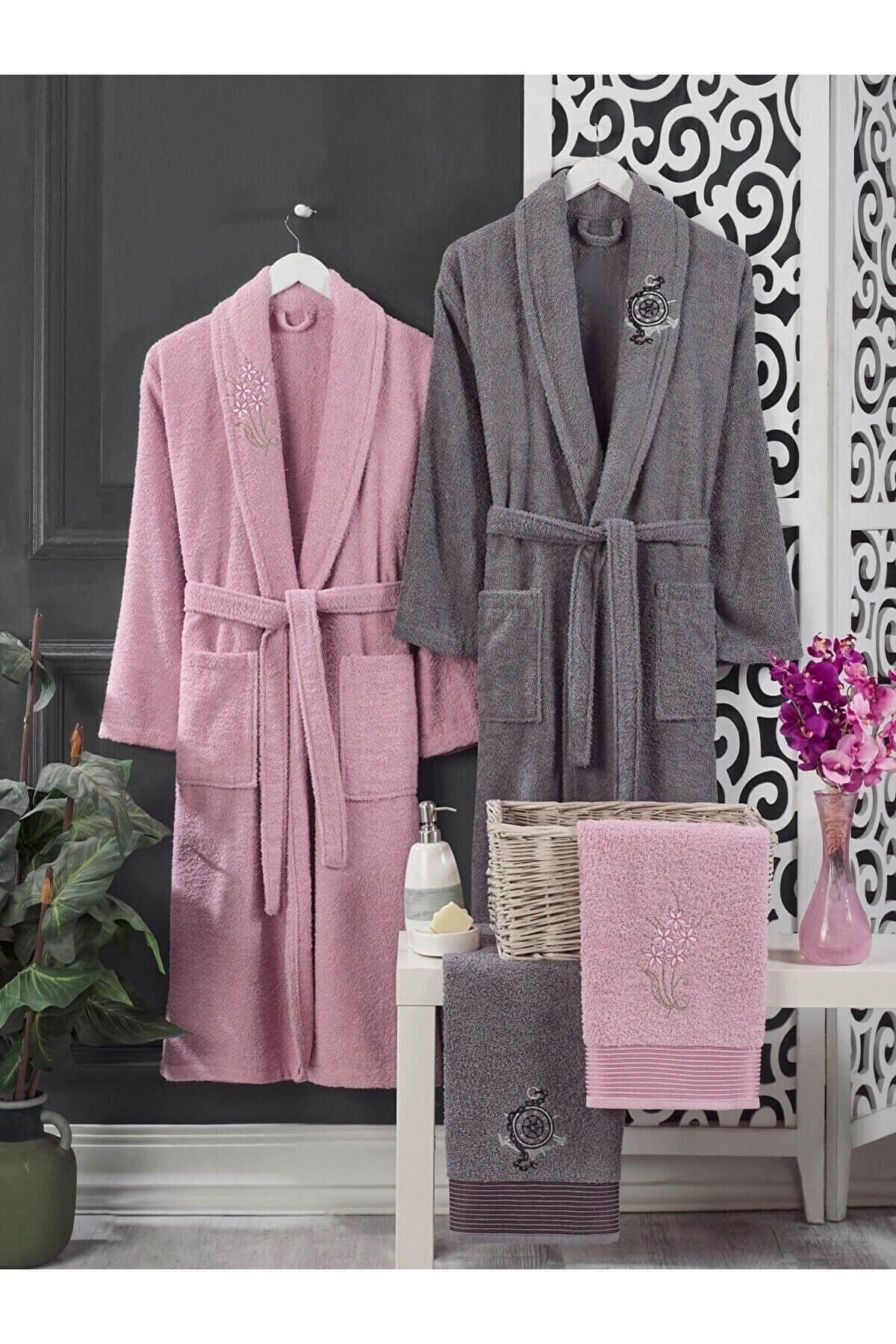 4 Piece Family Bathrobe Set Women Men Towel Bathrobe Set Pink Gray - Swordslife