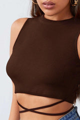 Women's Brown Cross-Cover Crop Top Blouse - Swordslife