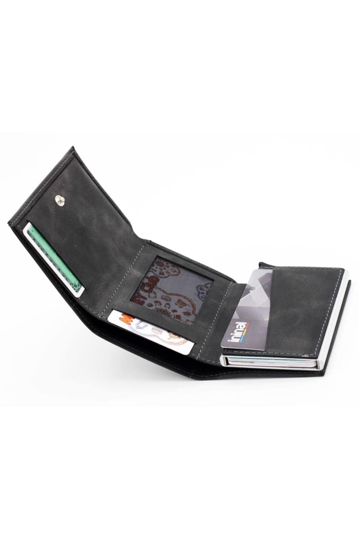 Men's Gray Genuine Leather Mechanism Wallet Card Holder