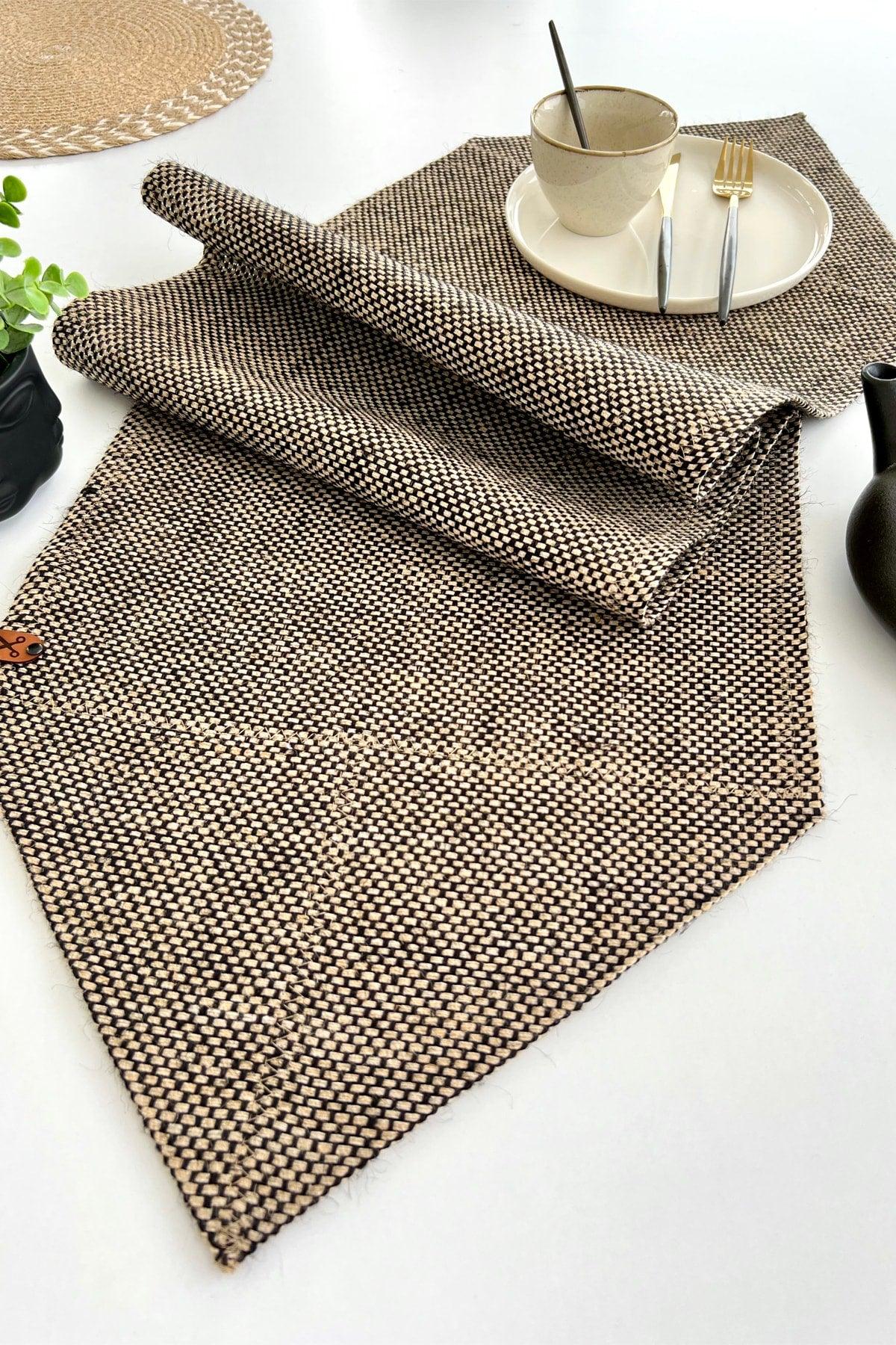 136x36cm Rectangular Straw Jute Runner Ranır / Living Room Kitchen Table Cloth / Console Cover - Black/natural - Swordslife