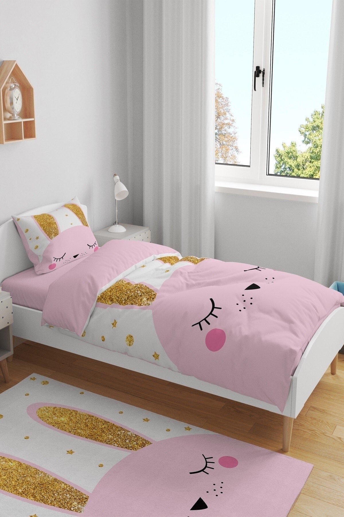 Golden Eared Rabbit Patterned Single Baby Child Duvet Cover Set