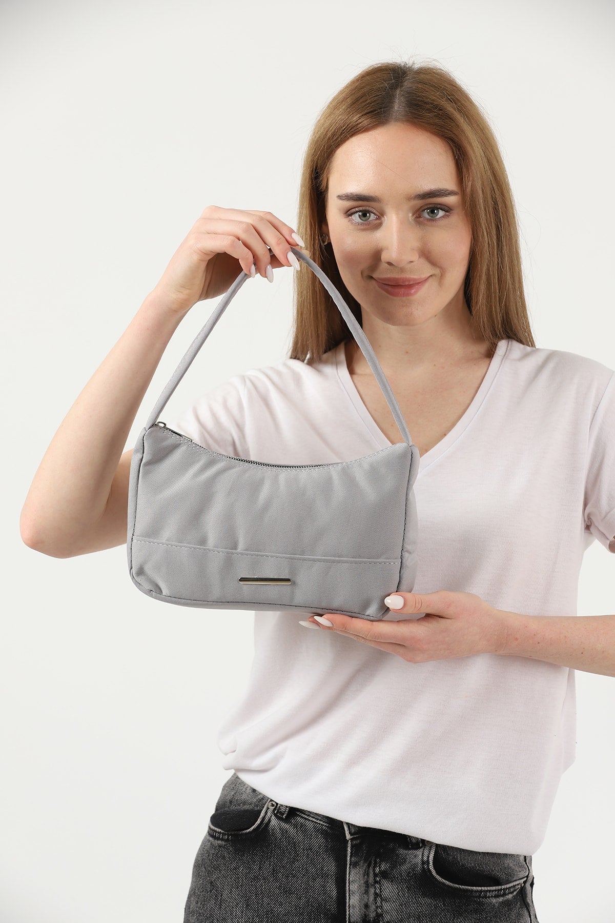 Gray U26 Single Zipper Section Canvas Fabric Women's Daily Baguette Hand And Shoulder Bag U:13 E:25 G:6