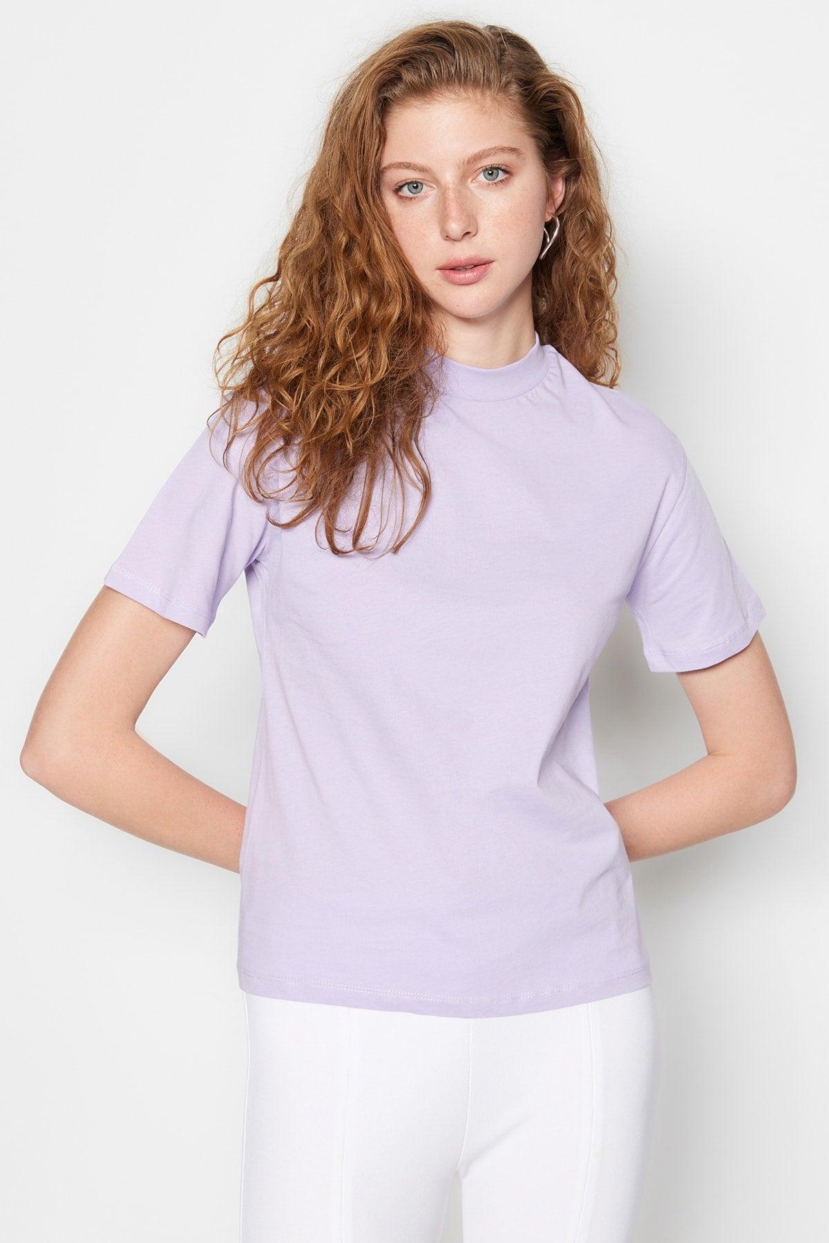 Lilac 100% Cotton Basic Stand Up Collar Knitted T-shirt TWOAW20TS0096 - Swordslife