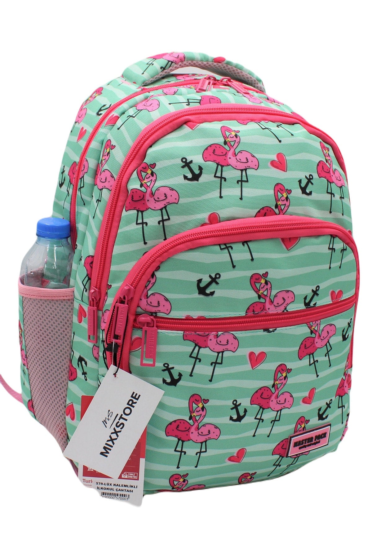 Flamingo Patterned Green Color Master Pack Girl Backpack Primary School Bag With Food And Pencil Holder