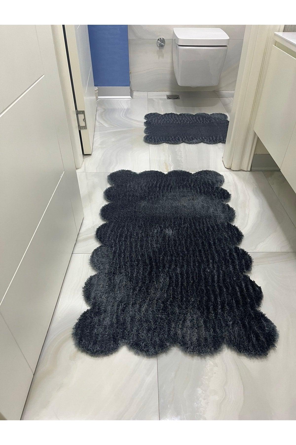 Laser Cut Double Bath Mat Anthracite Gray Plush Carpet - Swordslife