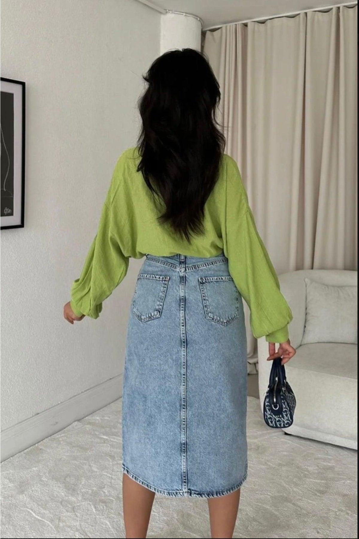 Snow Wash Blue Front Slit Knee Length Denim Skirt - Swordslife