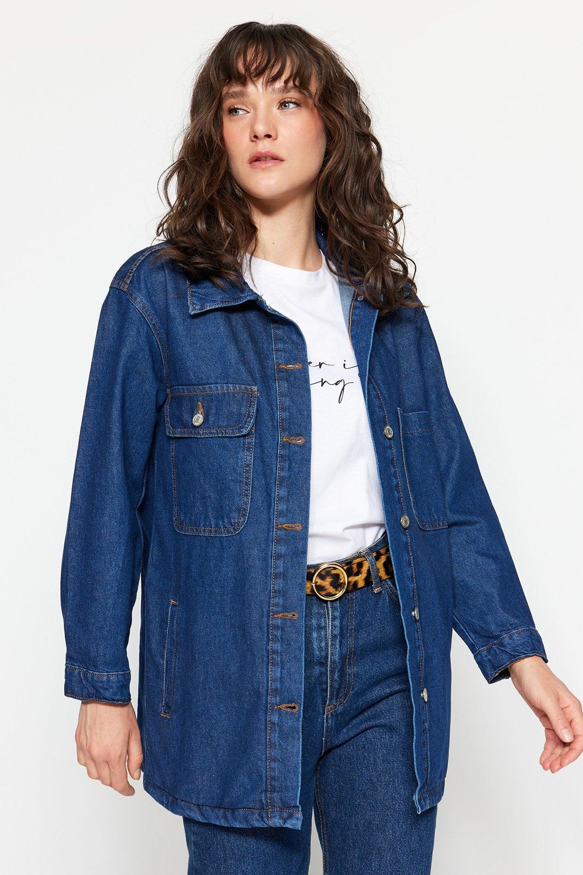 Navy Blue Oversize Denim Lycra-Free Denim Jacket TCTSS23CK00001 - Swordslife