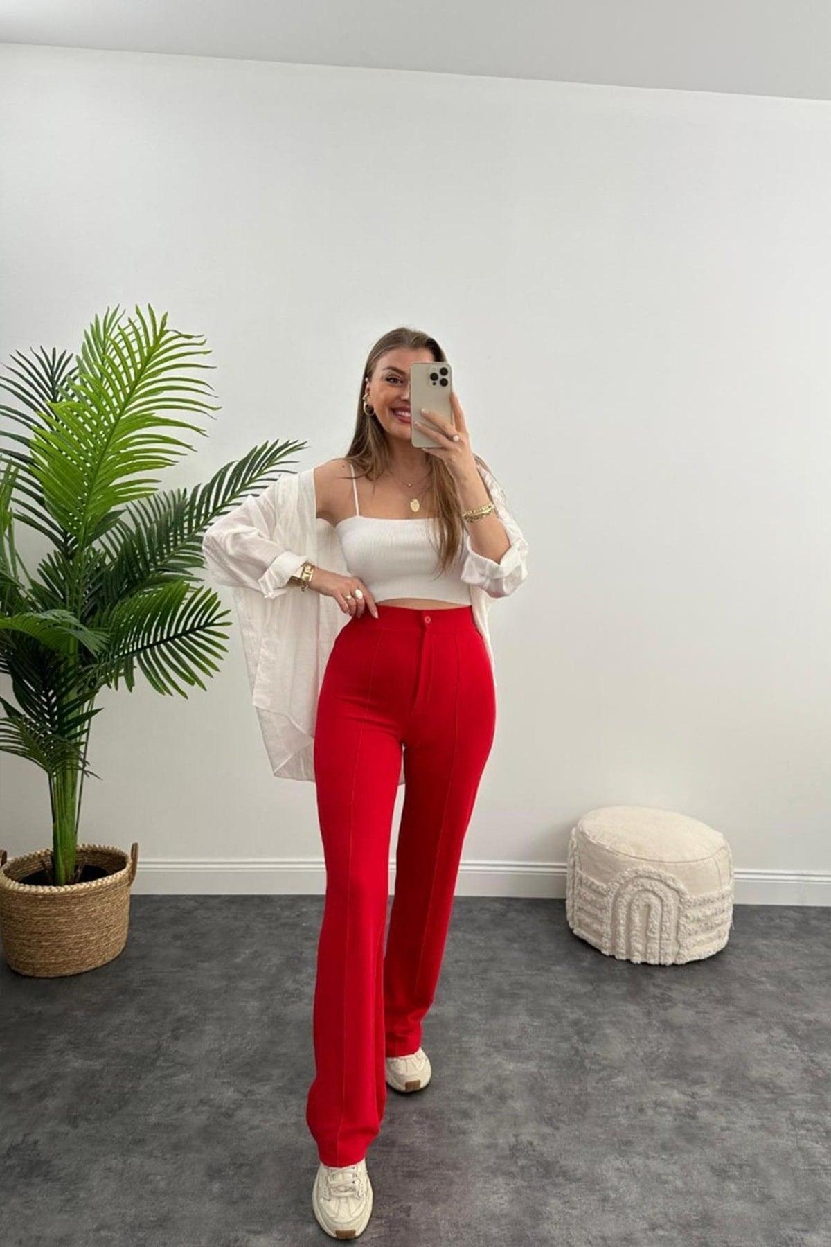 Ultra High Waist Crepe Fabric Lycra Palazzo Trousers Red - Swordslife