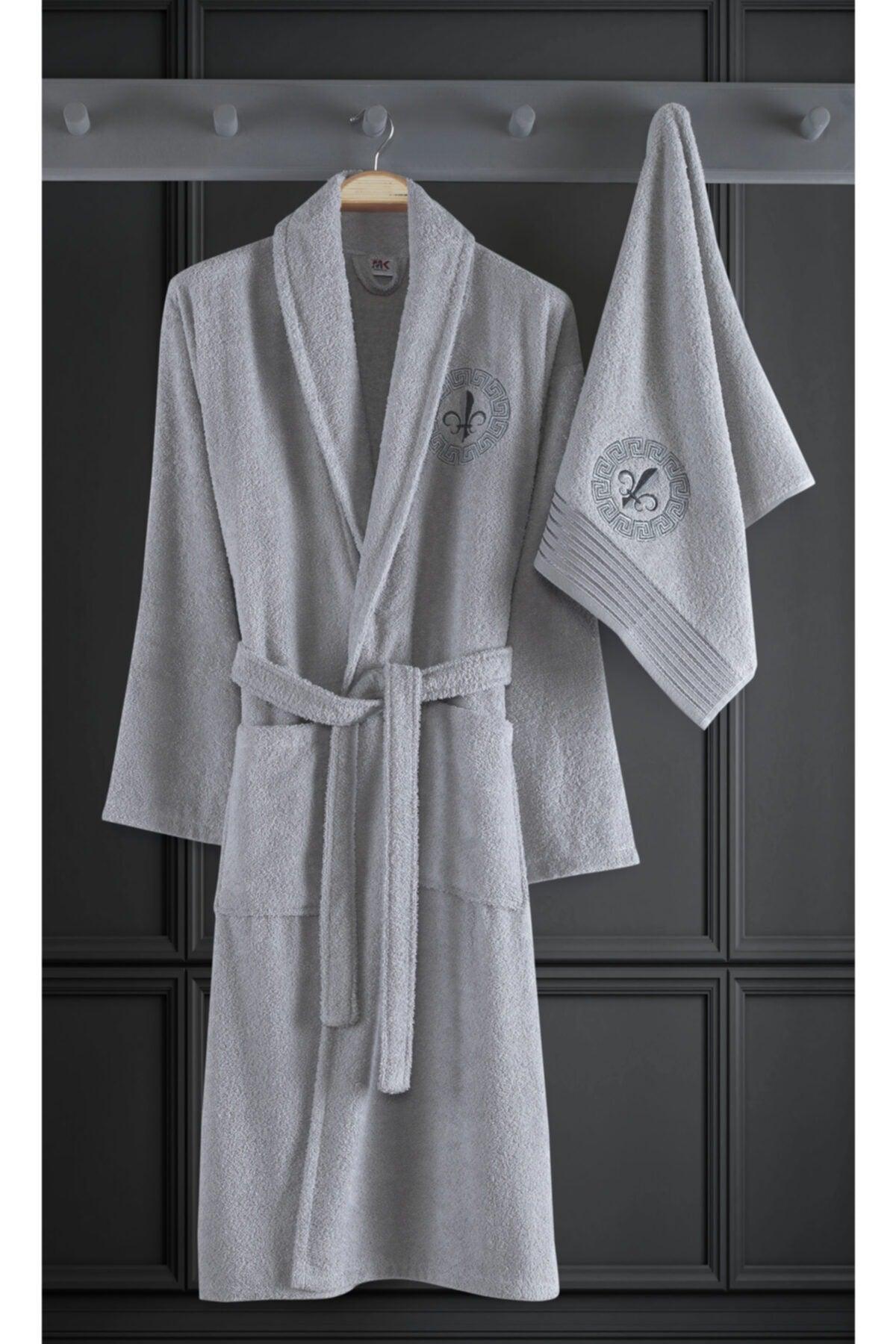 Alya Embroidered Cotton 2 Piece Bathrobe Set Gray - Swordslife