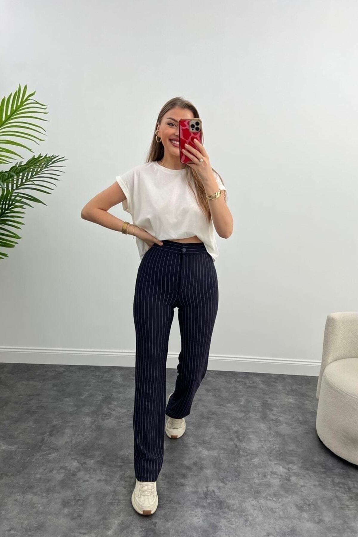 Ultra High Waist Crepe Fabric Lycra Palazzo Striped Trousers Navy Blue - Swordslife