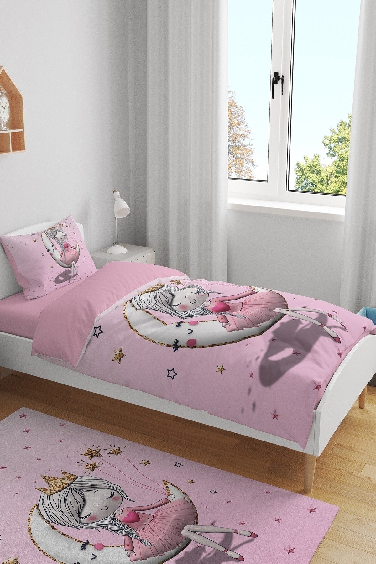 3D Pink Moon Sitting Princess Patterned Single Baby Kids Duvet Cover Set