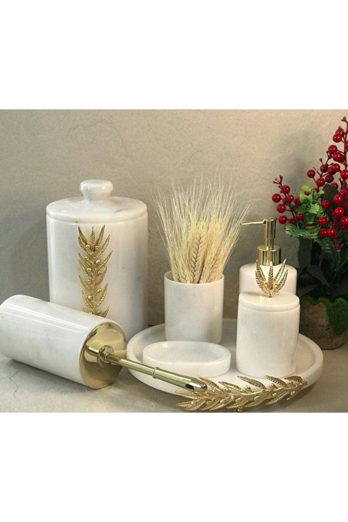 Decorative White Marble Gold Olive Branch Detailed 7 Pcs Bathroom Set Set - Swordslife