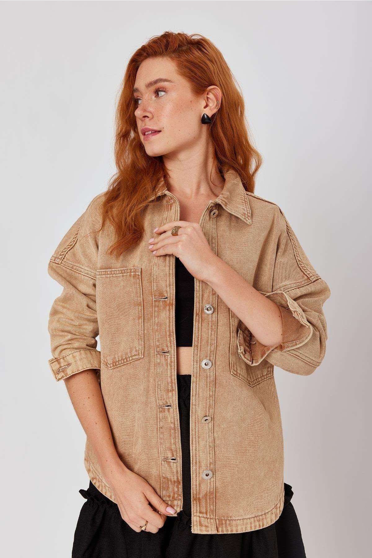 Tan Oversize Denim Jacket With Pockets Slit Detailed - Swordslife