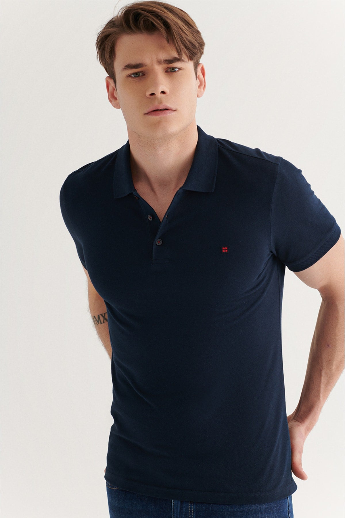 Men's Navy Blue 100% Cotton Breathable Standard Fit Normal Cut Polo Neck T-shirt E001004