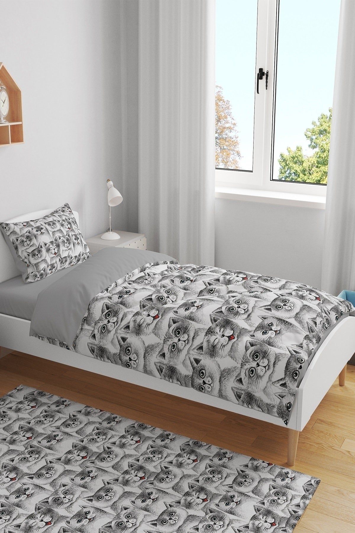 Gray Cute Cats Patterned Single Baby Kids Duvet Cover Set