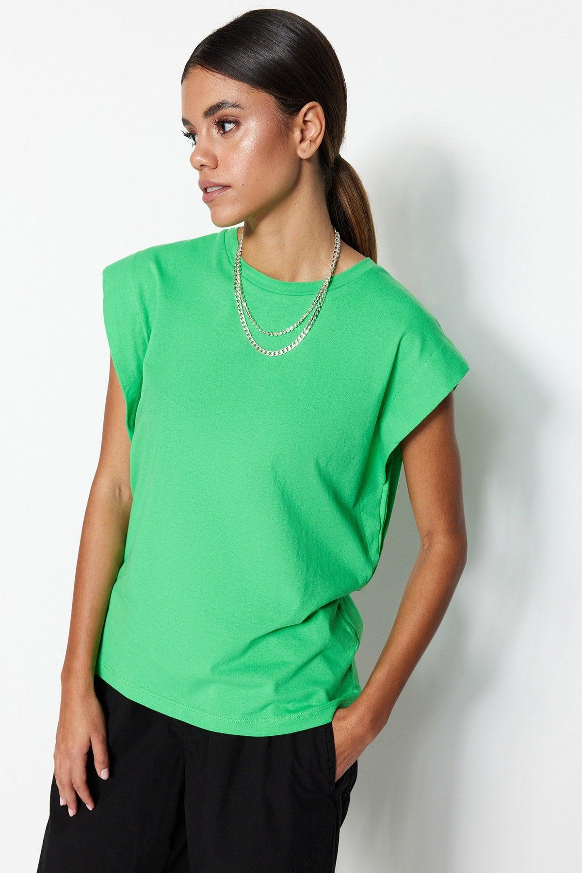 Tropical Green 100% Cotton Padded Basic Crew Neck Knitted T-Shirt TWOSS20TS0021 - Swordslife