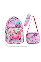 Set of 3, Pink Color Girl Patterned Primary School Bag + Lunch Box + Pencil Holder