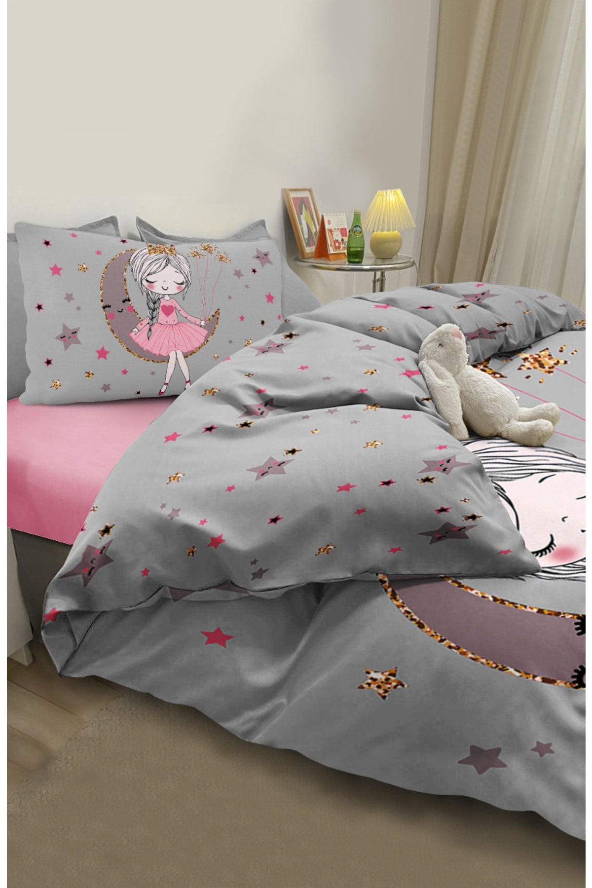 Cute Princess Girl Sitting on the Moon Patterned Single Baby Kids Duvet Cover Set