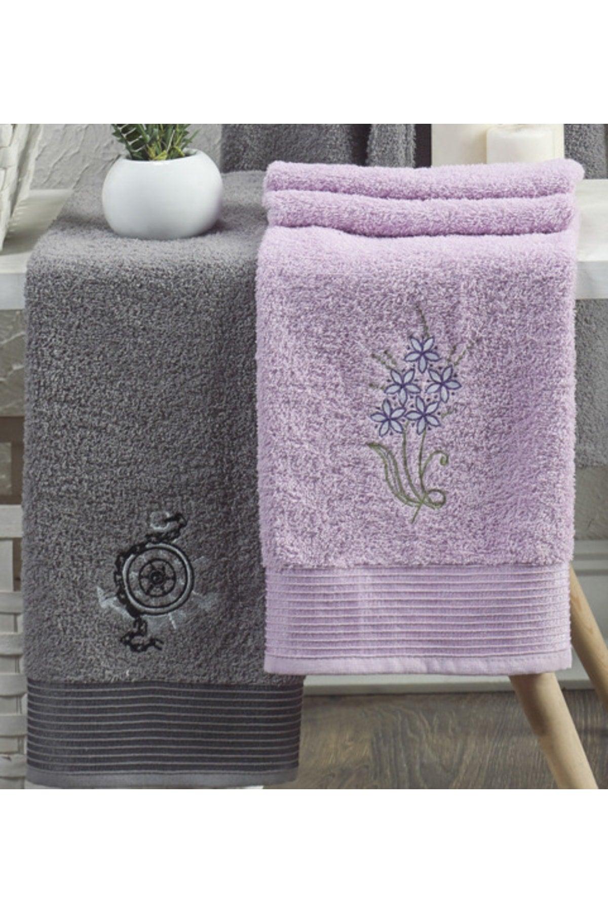 Cotton Embroidered 4-Piece Family Bathrobe Set | Bathrobe Set | Dowry Set | anthracite | Lilac - Swordslife