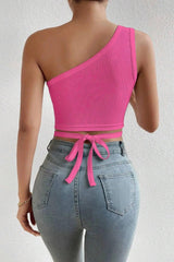 Women's Fuchsia One-Shoulder Tie Back Crop Top Blouse - Swordslife