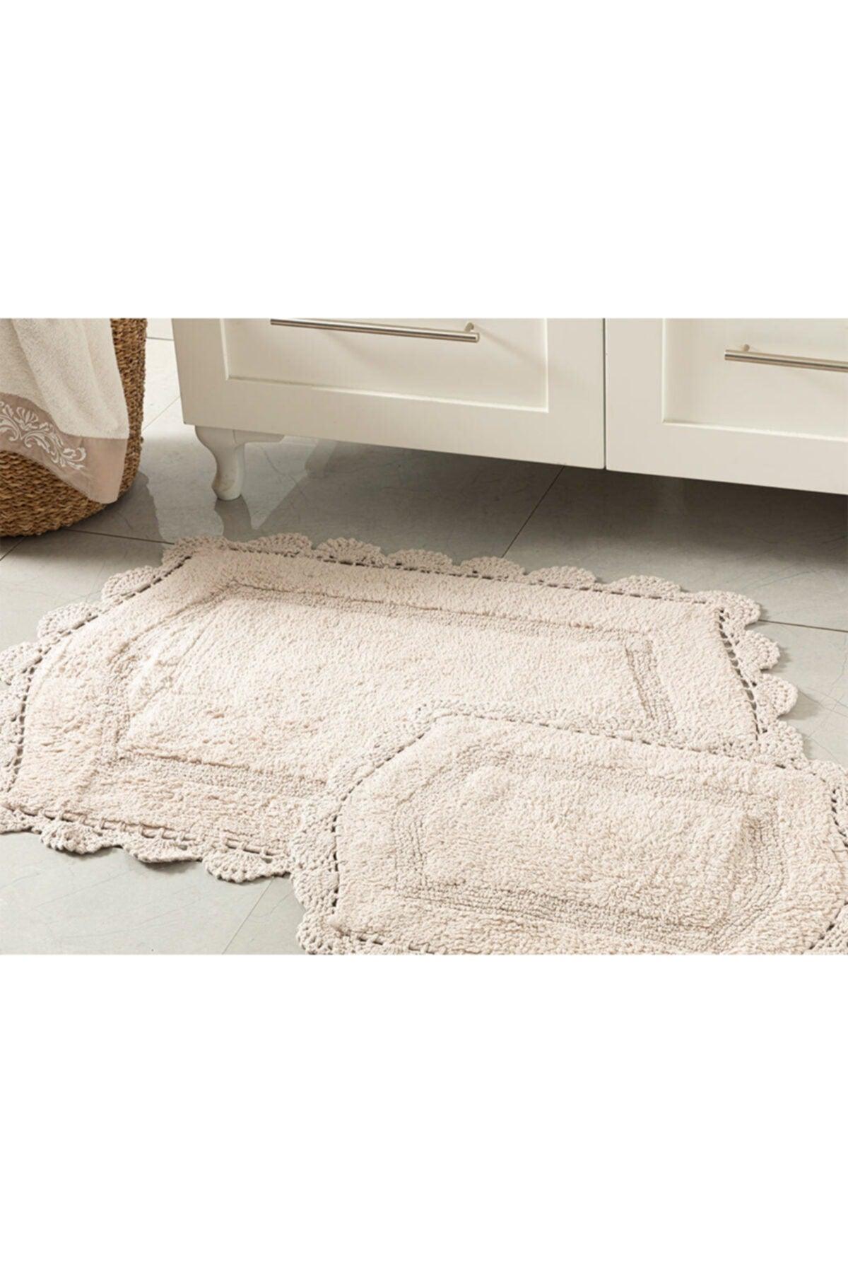 Mia Cotton Non-Slip Base Bath Mat Set 60x90-40x60 Cm Beige - Swordslife