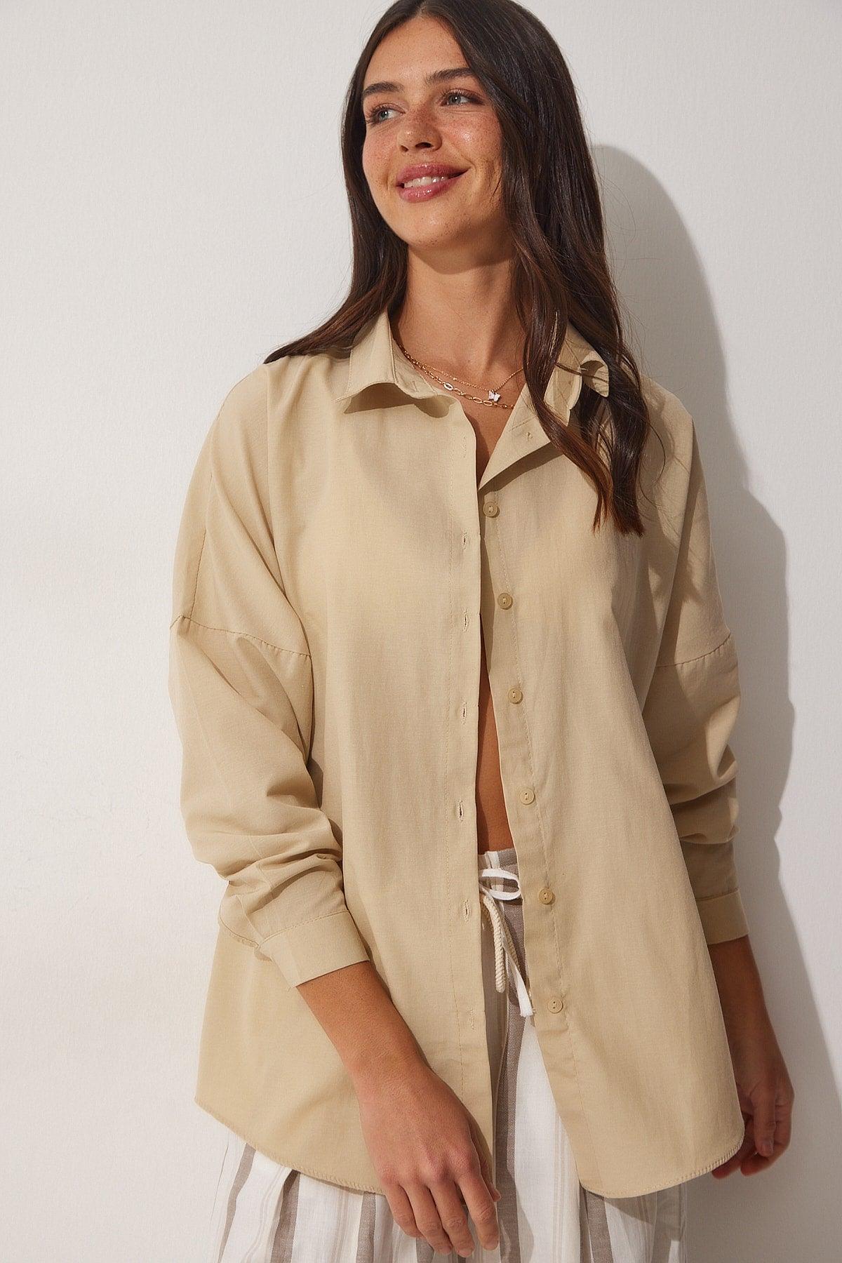 Women's Dark Cream Oversize Long Basic Shirt DD00842 - Swordslife