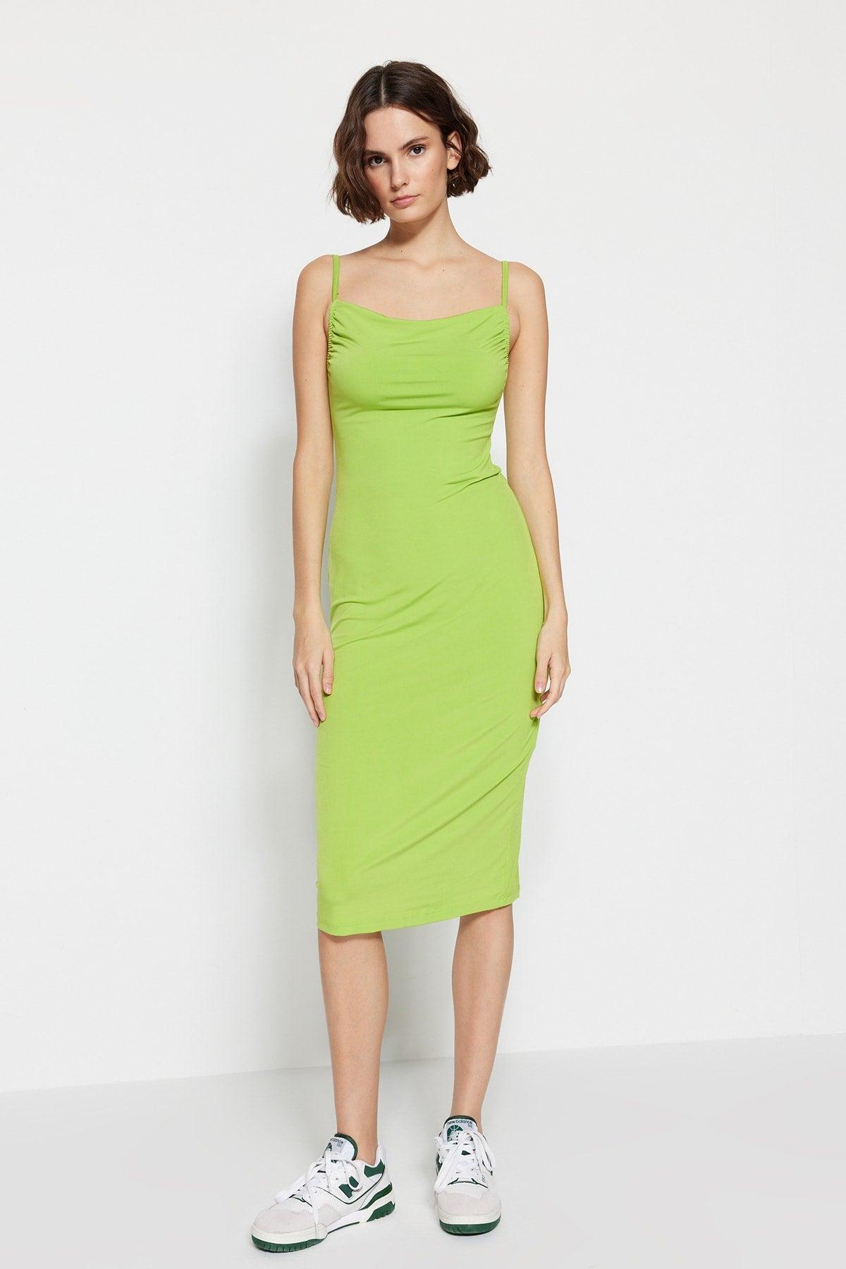 Light Green Fitted Collar Collar Midi Strap Stretchy Knitted Dress TWOSS19AD0020 - Swordslife