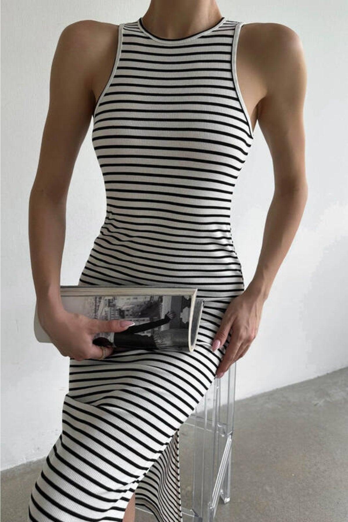 Black and White Striped Midi Length Pencil Dress (zck0486) - Swordslife