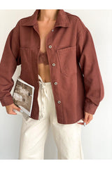 Women's Oversize Long Sleeve Double Pocket Jacket Shirt Brown - Swordslife