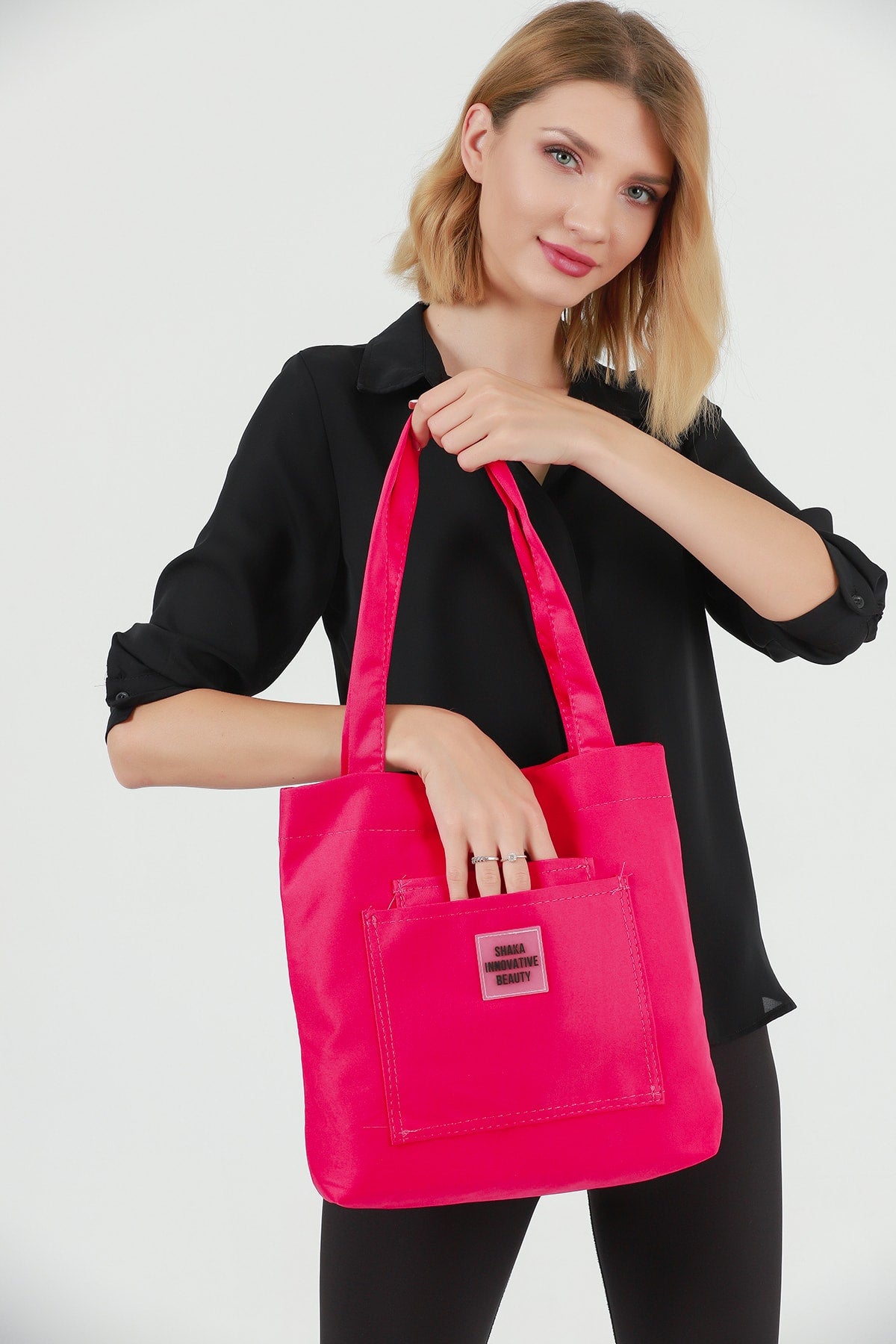 Fuchsia U22 3-Compartment Front 2 Pocket Detailed Canvas Fabric Daily Women's Arm and Shoulder Bag B:35 E:35