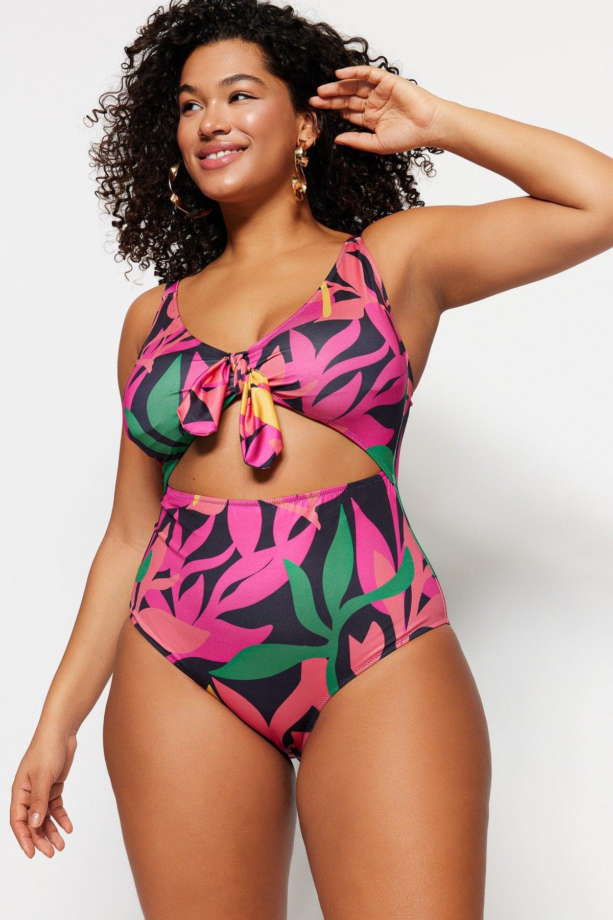 Black Tropical Patterned Tie Detailed Swimsuit TBBSS23AM00008 - Swordslife