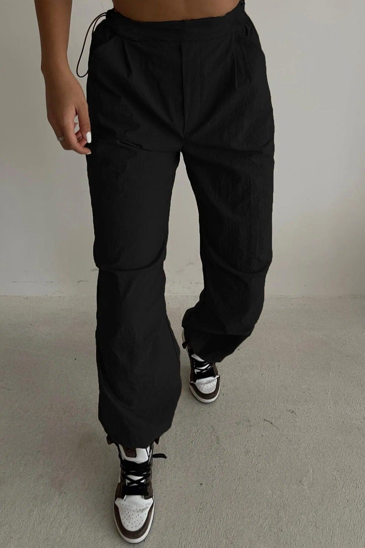 Black Tactical Adjustable Waist Parachute Fabric Trousers - Swordslife