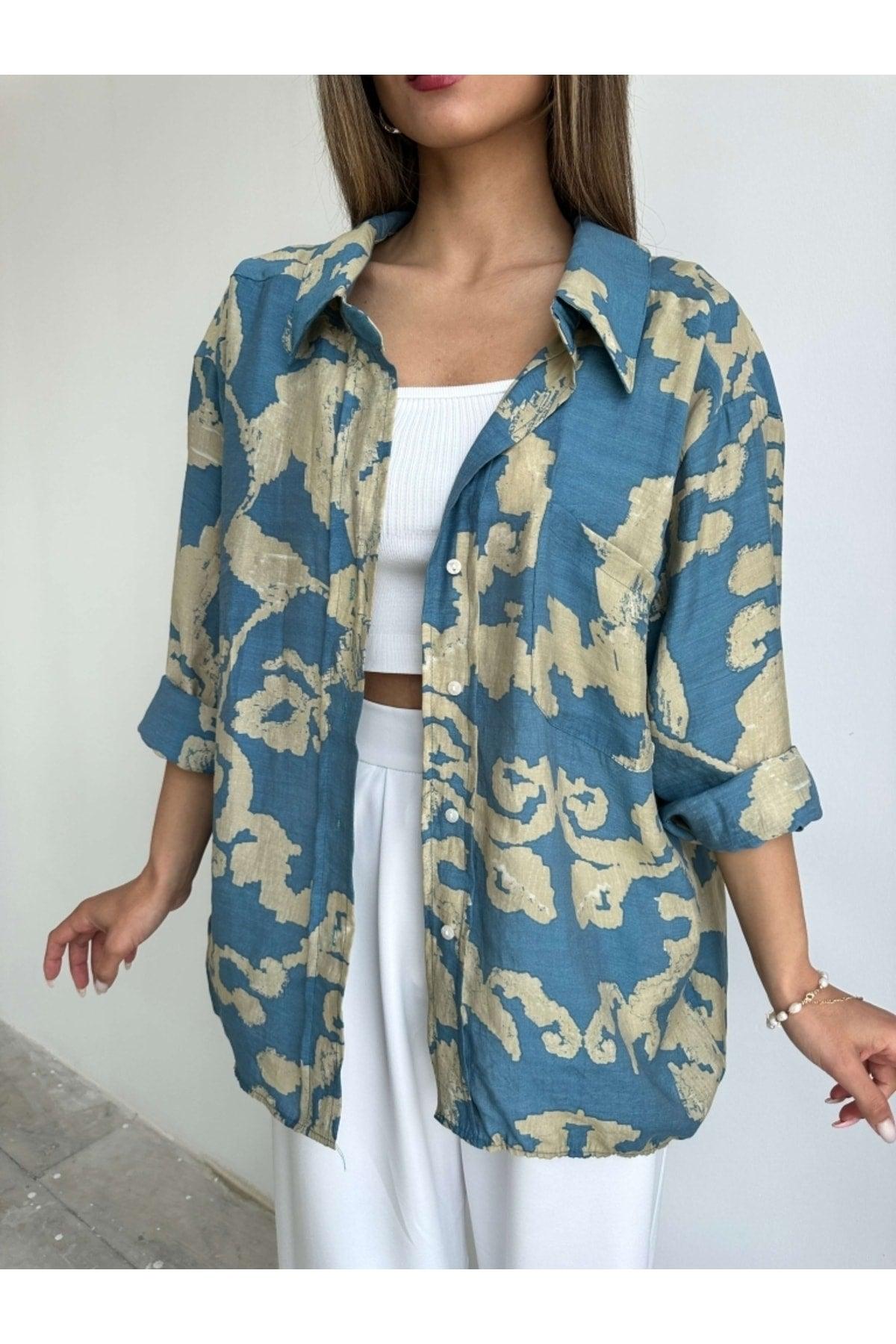 Petrol Blue Patterned Off Shoulder Oversize Shirt - Swordslife