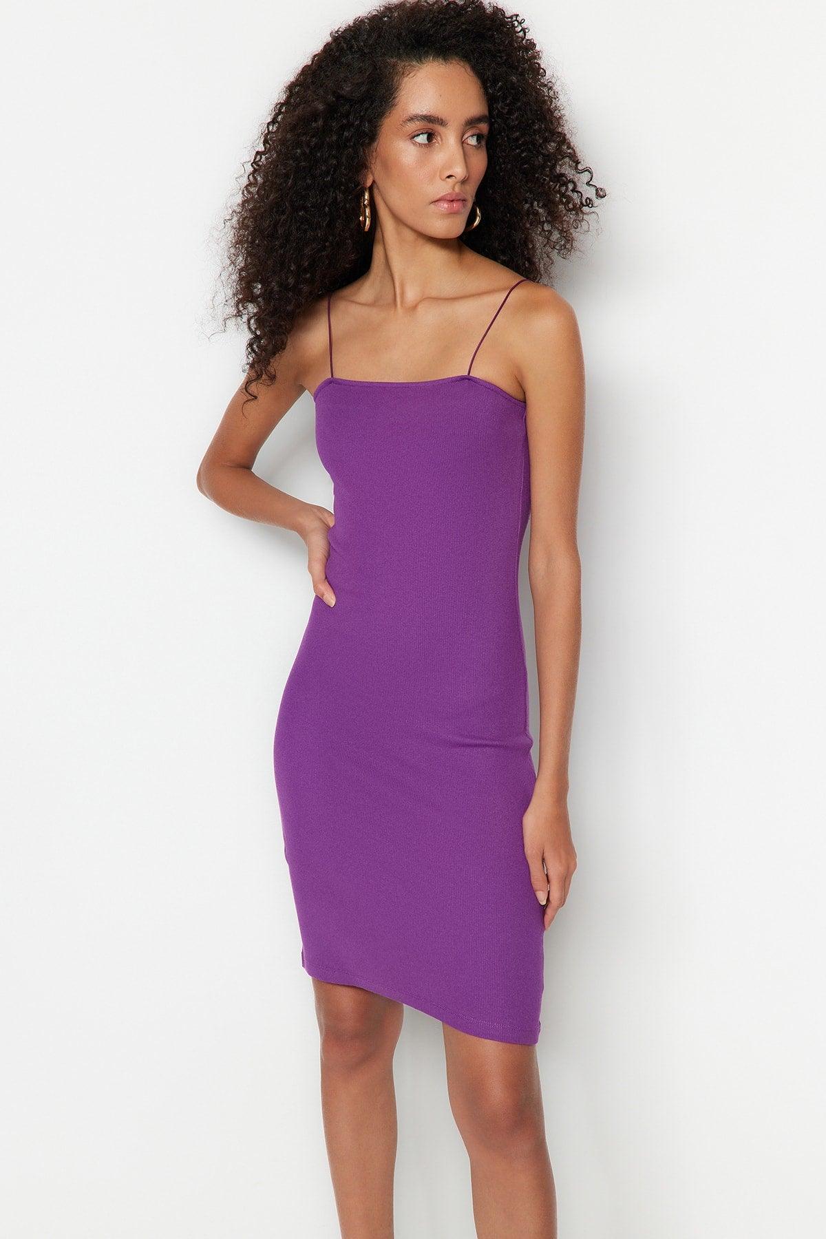 Purple Square Neck Spaghetti Strap Ribbed Flexible Fitted Mini Knitted Dress TWOSS21EL2327 - Swordslife