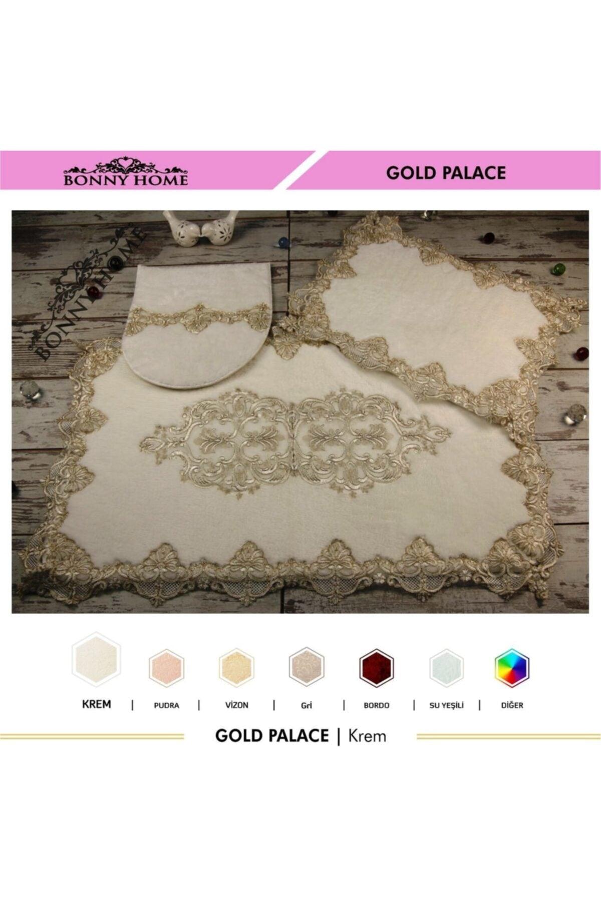 Cream Gold Palace 3-piece Dowry French Lace Appliqued Closet Set Bath Mat Set - Swordslife