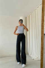 Women's Fadeless Black Lycra Wide Leg Jeans - Loose Denim Pants - Swordslife