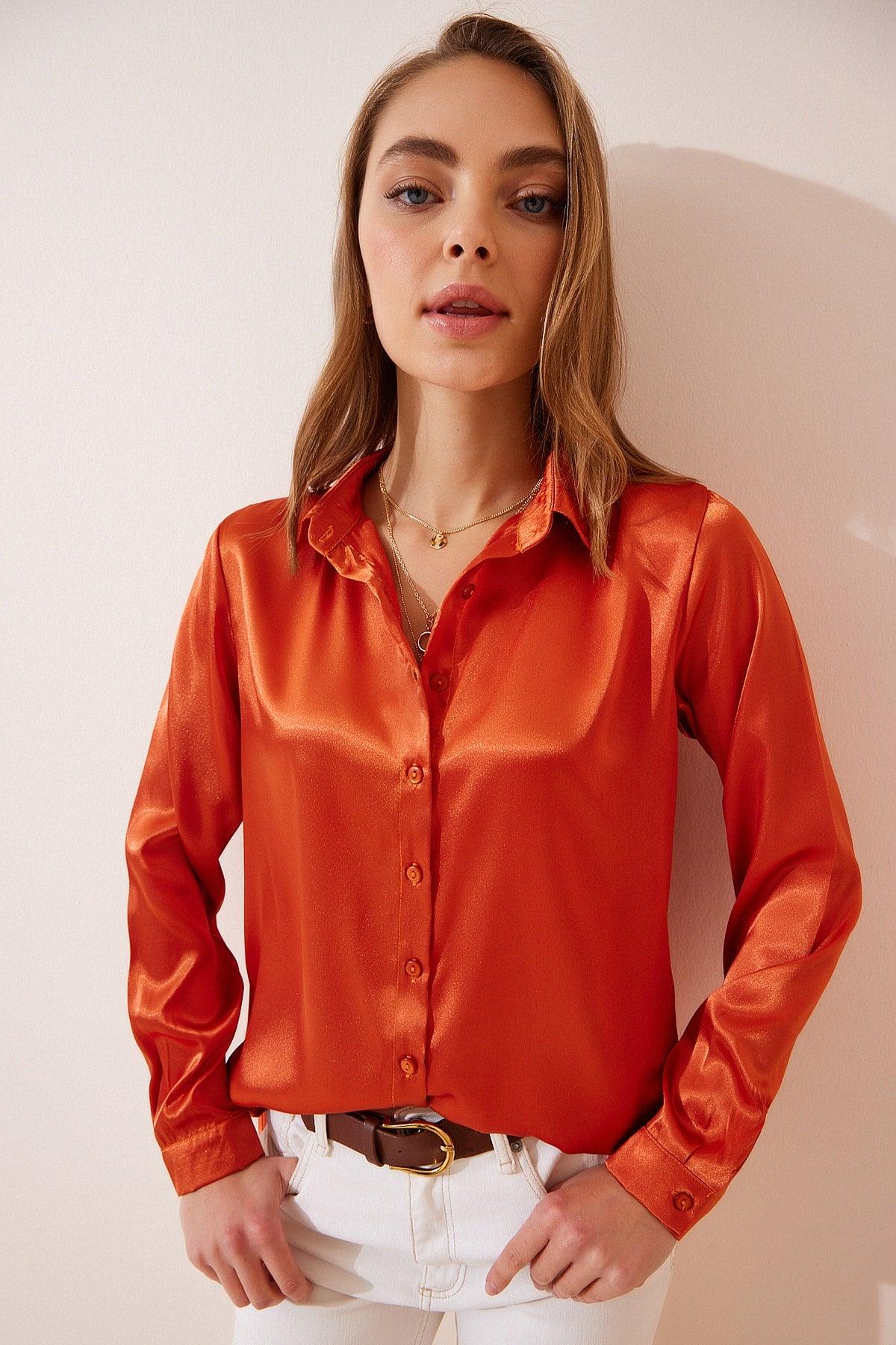 Women's Orange Lightly Flowy Satin Shirt DD00990 - Swordslife